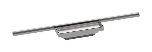 Duschrinne aus Edelstahl mit schmalem Ablauf, ideal für Bäder. Entwurf von Hansgrohe, geeignet für minimalistisches Design und elegante Wasserableitung.